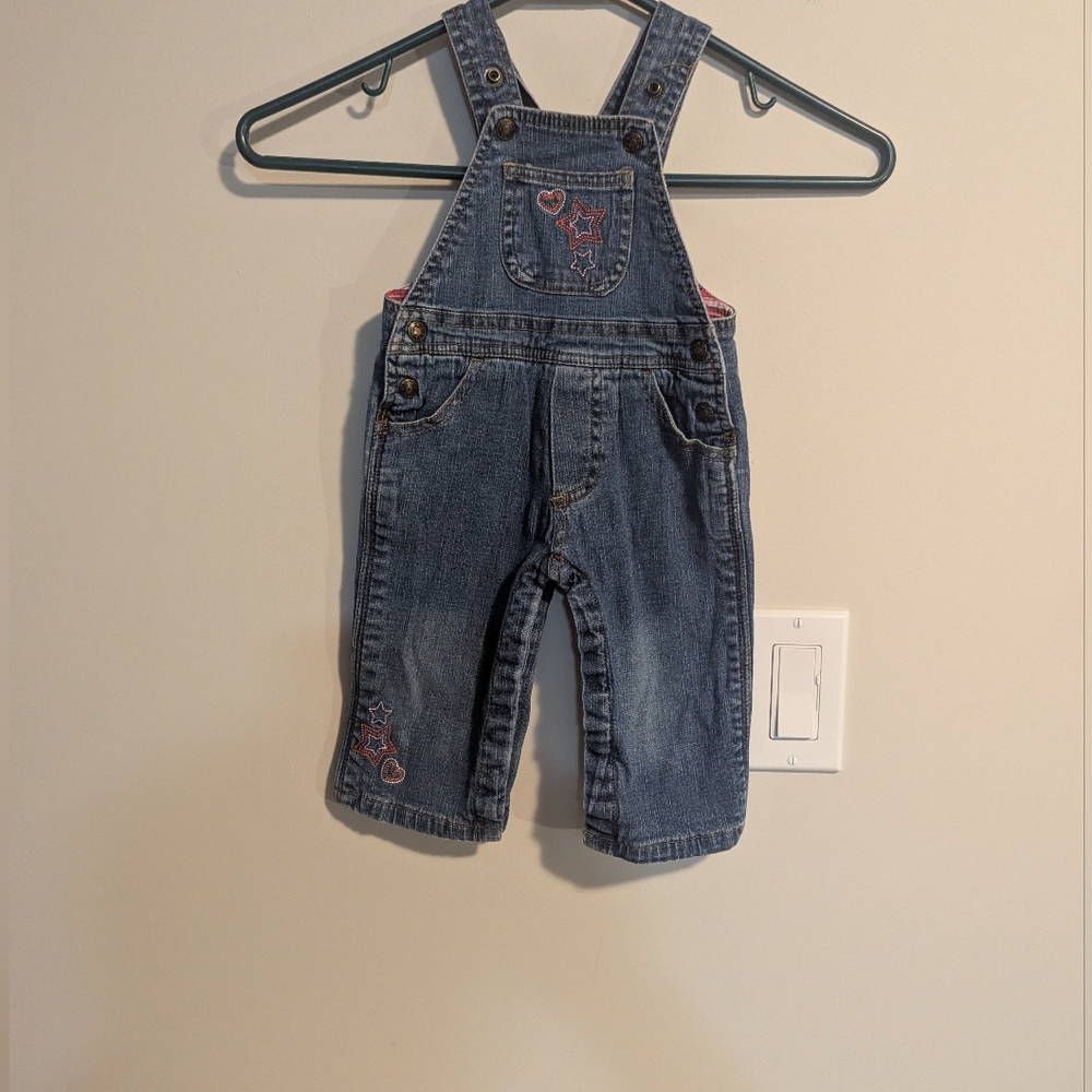 Vintage BUM EQUIPMENT Baby Girl 6 Months Denim jean Overalls Lined. Embroidery